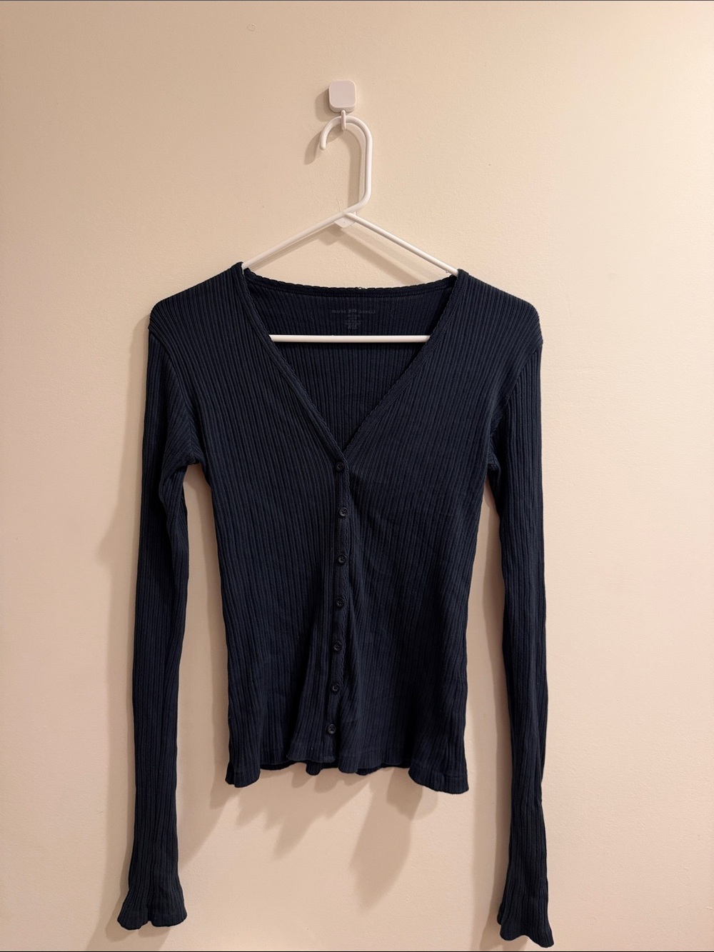 Brandy Melville Navy Ribbed V-Neck Button Long Sleeve Top